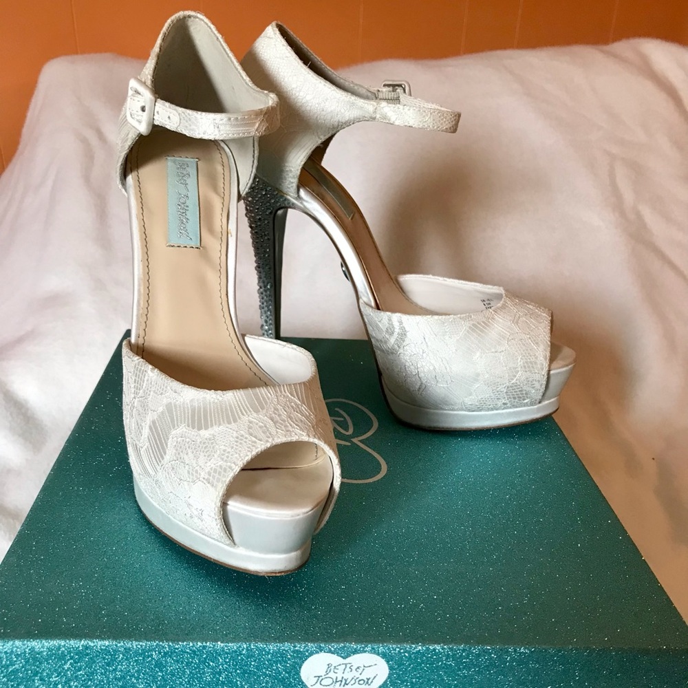 Satin & lace, blue bottom wedding shoes.